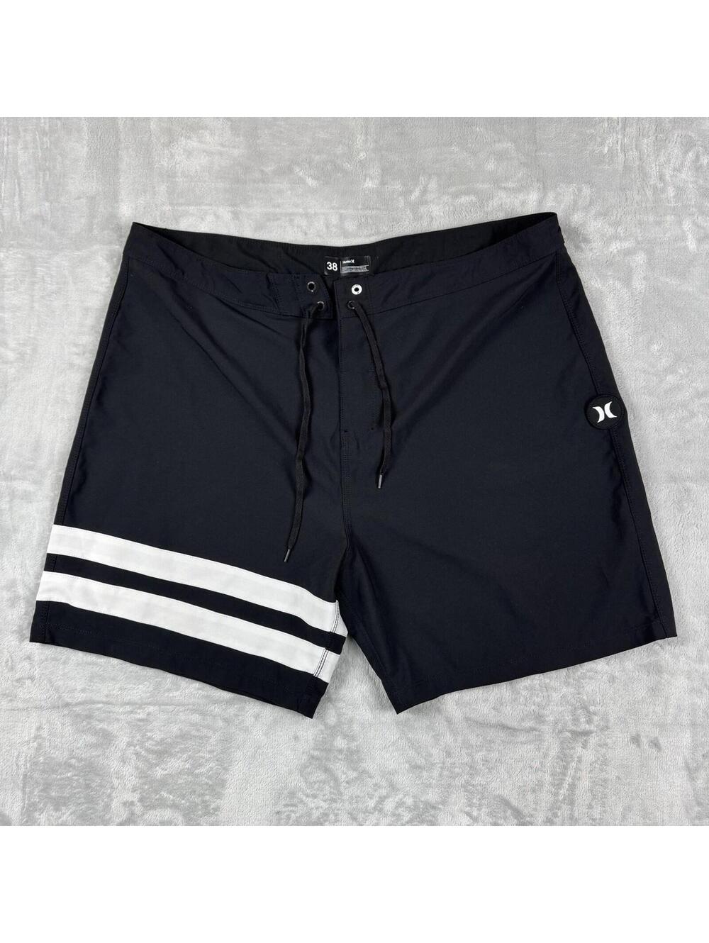 Hurley Phantom Black Board Shorts White Stripe Surf Swim Size 38 Unlined Coastal